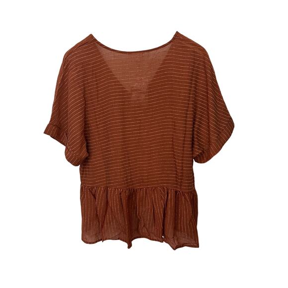 Blu Pepper Anthropologie Rust Brown Striped Peplum Babydoll Blouse Medium V Neck - Picture 5 of 7